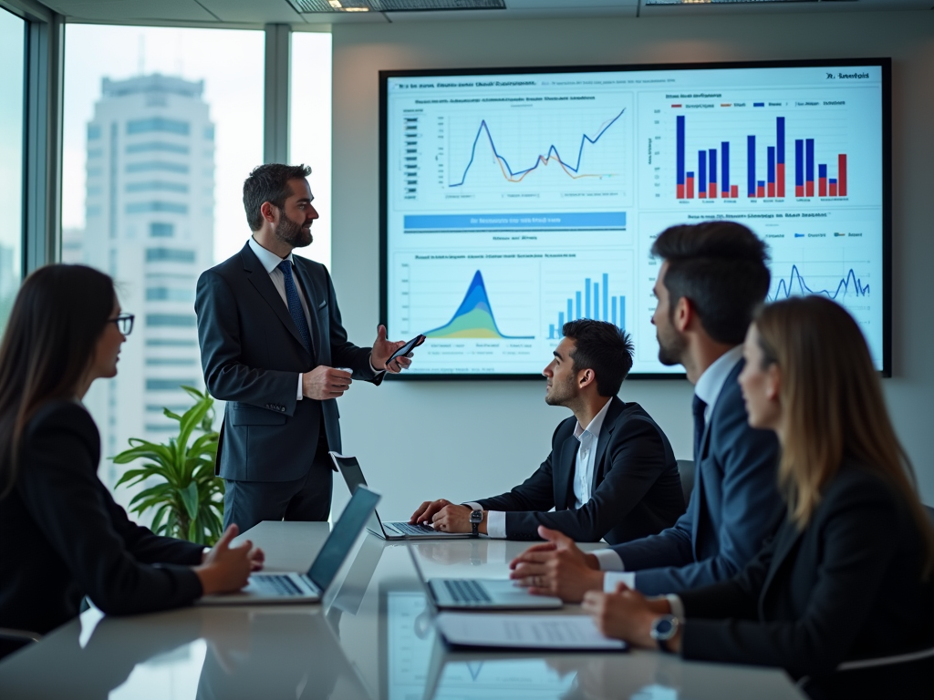 Business meeting in progress with a man presenting financial data on screens to colleagues in an office.