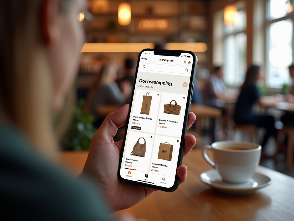 Person shopping for bags on a mobile app in a cafe with a coffee cup visible.