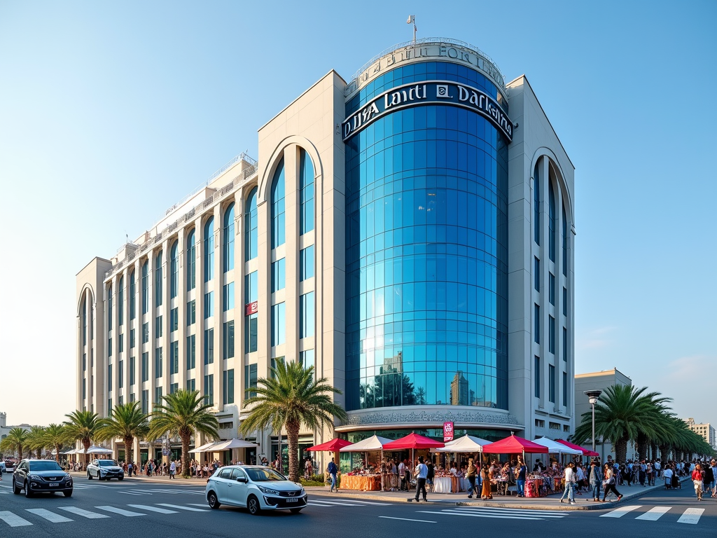 Modern glass and stone building with bustling street activity and palm trees in the foreground.