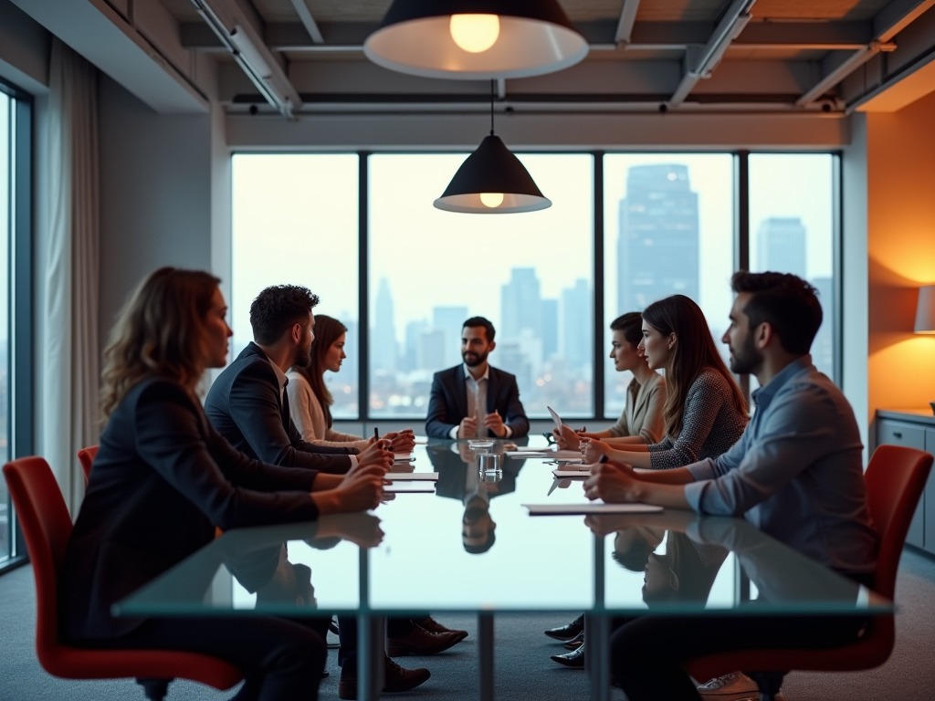 A diverse group of professionals seated around a glass conference table, engaged in discussion with a city view.