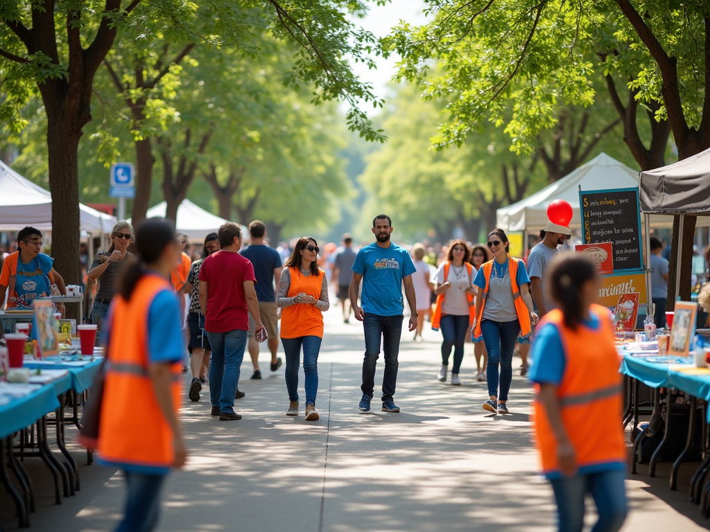 People walking through a vibrant street market lined with booths and shaded by trees. Volunteers in blue and orange vests assist.