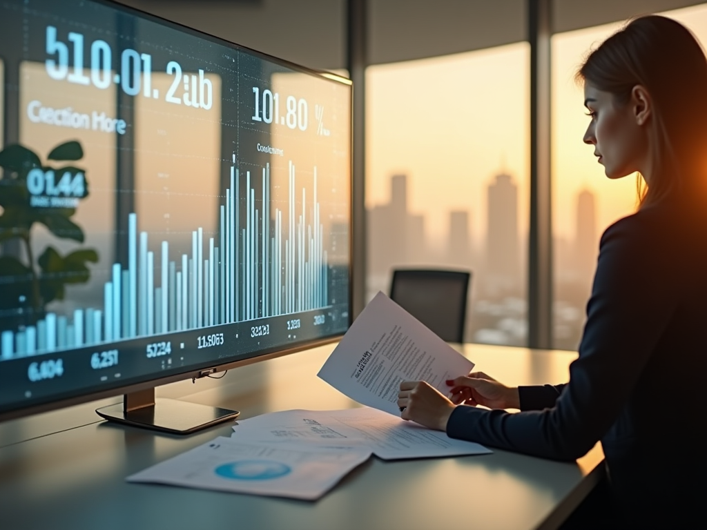 Woman reviews documents with digital data on a screen, city skyline in background at sunset.